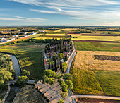 Aerial view of green countryside with high perspective, San Clemente, Castilla - La Mancha, Spain.