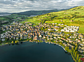 Aerial view of Kussnacht am Rigi, a small town along the Lake Lucerne at sunset, Schwyz, Switzerland.