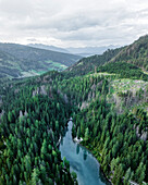 Aerial view of Braies Lake (Pragser Wildsee), a blue mountain lake on Fanes-Senes-Braies with Croda del Becco mountain in background, Dolomites, Trentino, South Tyrol, Italy.