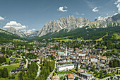 Aerial view of Cortina d'Ampezzo, a small town famous for winter holidays in Belluno province, Dolomites area, Veneto, Italy.