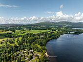 Aerial view of tranquil Loch Lomond surrounded by serene mountains and lush greenery, Alexandria, United Kingdom.