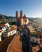 Aerial drone view of a famous church in Taxco, a travel destination in Mexico.