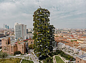 MILAN, ITALY - 18 SEPTEMBER 2019 : Aerial view of the two residential green towers Bosco Verticale in Milano, Italy.