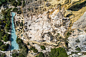 Aerial view of Bagno Vignoni, a hot thermal area with natural swimming pool in San Quirico d'Orcia, Val d'Orcia, Tuscany, Italy.
