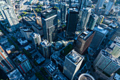 Aerial view of modern architecture featuring Amazon Spheres and skyscrapers in South Lake Union, Seattle, United States.