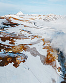 Aerial drone view of Hverir Geothermal Area, Surfur geysers and hot water sources, Touristic attraction, Northern Iceland.