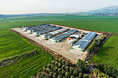 Aerial view of livestock farms covered with solar panels, Galilee Panhandle, Israel.