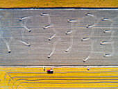 Aerial view of farmland with haystacks in Konya, Turkey.