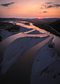 Aerial view of Vjosa, Europe's last wild river during sunset near Fier, Albania.
