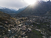 Aerial view of spring blossom starting in Nagar, Gilgit Baltistan, Pakistan, Karakoram range, Himalayas.
