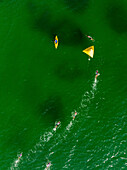 Aerial view of Triathlon, persons, kite surfing, Progreso, Yucatan, Mexico.
