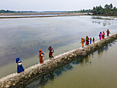 Aerial view of women collecting water along a tranquil river in a coastal village, Khulna, Bangladesh.
