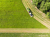 Luftaufnahme eines Traktors bei der Ernte und beim Mähen von Heu.