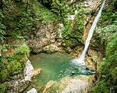 Aerial view two men canyoning.