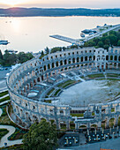 Aerial view of Pula arena and amphitheater in Pula old town, Croatia.