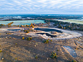 Aerial view of nature recovery project in early morning light after a night with frost, De Bergvennen, Lattrop, Twente, Overijssel, Netherlands.