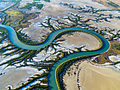 Aerial view of meandering river and wetlands in Accident Inlet, Gulf of Carpentaria, Karumba, Queensland, Australia.