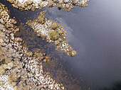 Aerial straight down view of edge of a lake in nature area Witte Veen covered with snow, Twente, Overijssel, Netherlands.