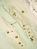Aerial view of transparent water of Sotavento lagoon in Fuerteventura, Canary islands.