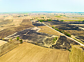 Luftaufnahme von Ackerland mit trockenen Reisfeldern nach der Ernte, teilweise niedergebrannt, Nakhon Luang, Provinz Ayutthaya, Thailand