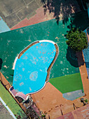 Aerial view of a vintage colorful sports playground in Pozo Negro in Fuerteventura, Canary Islands.