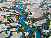 Aerial view of serpentine river network in Accident Inlet, Gulf of Carpentaria, Karumba, Australia.