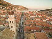 Aerial view of old city of Dubrovnik (Croatia) above Stradun street, popular tourist attraction on Adriatic.