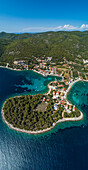 Aerial view of Prizba peninsula facing the Adriatic Sea along the coast in Croatia.