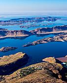 Aerial view of Langisfor Lake at sunset with volcanic mountains, Lake Argyle, Western Australia.