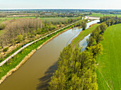 Aerial view of river Linge with road Appeldijk, Beesd, Betuwe, Gelderland, Netherlands.