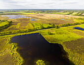 Aerial view of grassland, lakes and heather in nature recovery area Scharreveld, Westerbork, Drenthe, Netherlands.