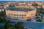 Aerial view of Pula arena and amphitheater in Pula old town, Croatia.