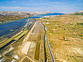 Aerial view of saltern on Pag island, Croatia.