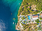 BRAC ISLAND, CROATIA - AUGUST 2014: Aerial view of resort on the Adriatic coast.