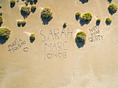 Aerial view of Birthday message wrote on the beach in Fuerteventura, Canary Islands.