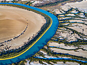Aerial view of winding river and mangroves in Accident Inlet, Gulf of Carpentaria, Karumba, Australia.