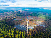 Aerial view of circle park with walking paths leading to oak tree De Eenzame Eik during frost in autumn, Sterrenbos, Amerongse Berg, Utrechtse Heuvelrug, Utrecht, Netherlands.