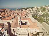 Aerial view of old city of Dubrovnik (Croatia), popular tourist attraction on Adriatic. Post processed with vintage filter.