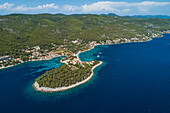 Aerial view of Prizba peninsula facing the Adriatic Sea along the coast in Croatia.