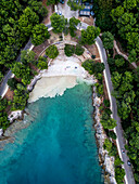 Aerial view of tranquil beach with algae accumulation and lush trees along the coastline, Pula, Croatia.