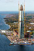 Aerial view of the modern lakhta center skyscraper amidst the urban skyline and waterfront, Saint Petersburg, Russia.