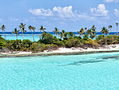 Aerial view of beautiful turquoise water and sandy shore, Innafinolhu Island, Maldives.