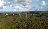 Aerial drone view of wind turbines in a tropical forest, Bras d'Eau National Park, Flacq, Mauritius.