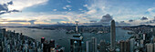 Hong Kong - 06 August 2020: Panoramic aerial view of Hong Kong downtown skyline at sunset with Kowloon Bay in background, Central, Hong Kong Island, Central and Western District, Hong Kong.