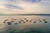 Aerial view of boats and mountains off Gili Islands, Indonesia.