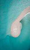 Aerial drone view of a sandbank in a turquoise lagoon, Vashafaru, Haa Alif Atoll, Maldives.