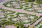 Aerial view of the elegant ornamental garden with manicured greenery and geometric patterns, Lomonosov, Russia.