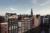 Aerial view of The Damrak, The Old Church, De oude kerk, Amsterdam, The Netherlands