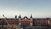 Aerial view of Amsterdam Central station, The Netherlands, evening