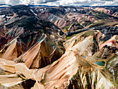 Aerial view of colorful landmannalaugar mountains with rugged terrain and dramatic landscapes, Landmannalaugar, Iceland.